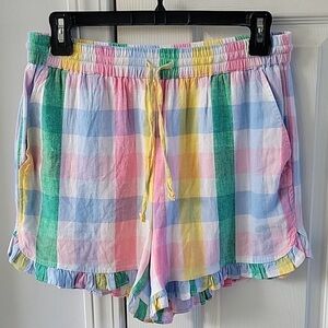 Crown & Ivy Pastel Plaid Linen Blend Ruffle Shorts Size Small